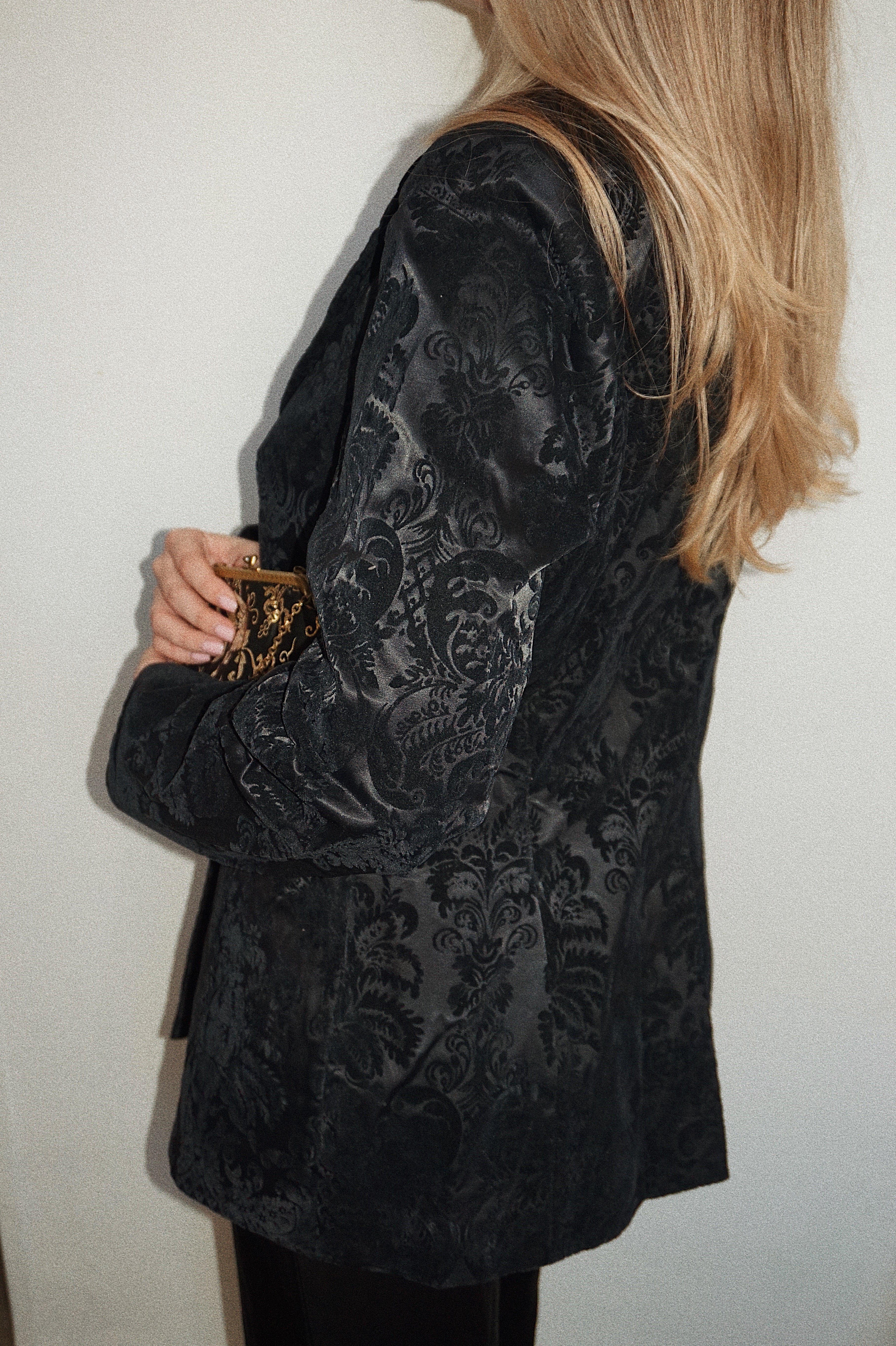 Vintage Black Jacquard Blazer with Decorative Buttons