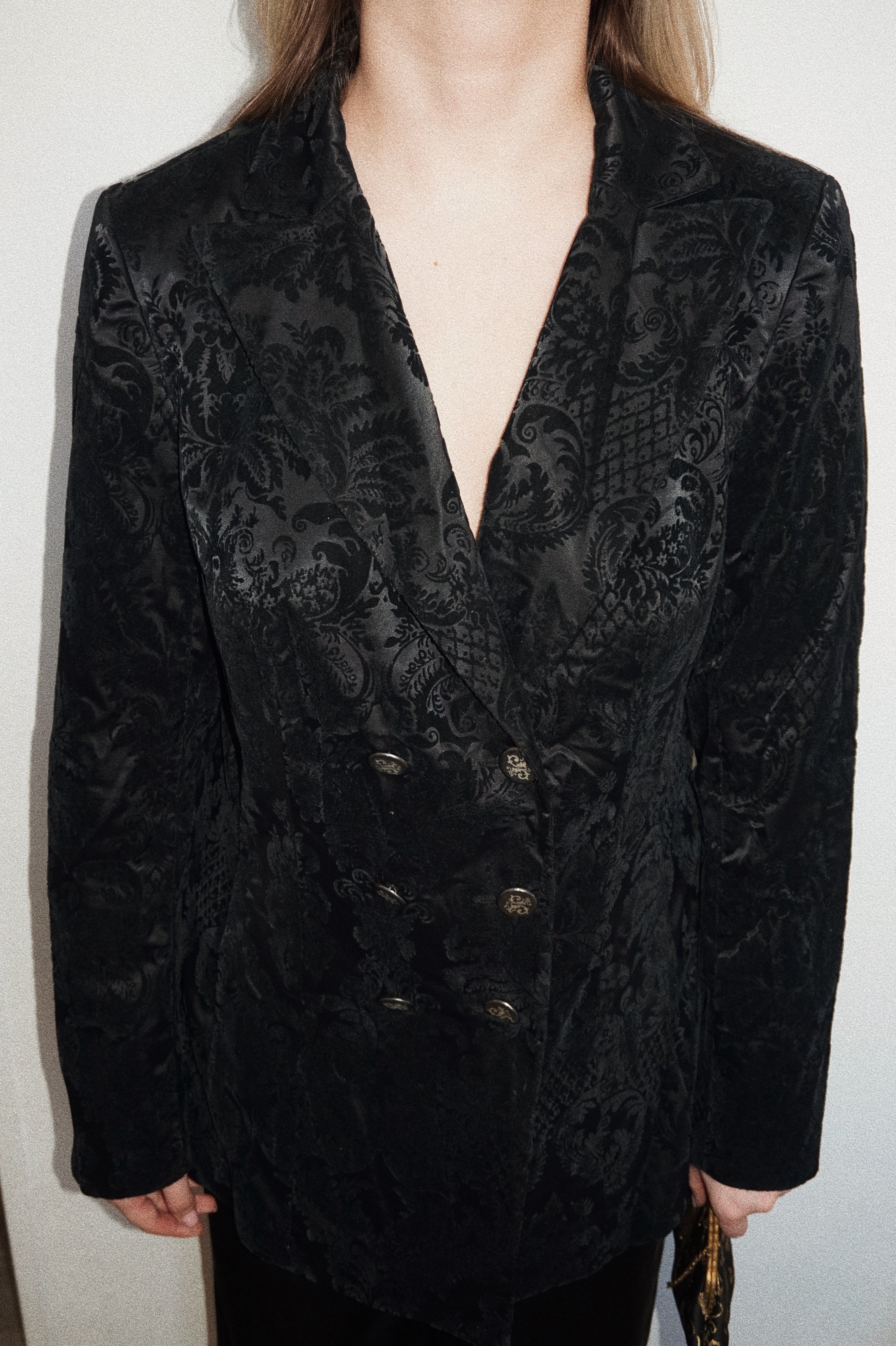 Vintage Black Jacquard Blazer with Decorative Buttons