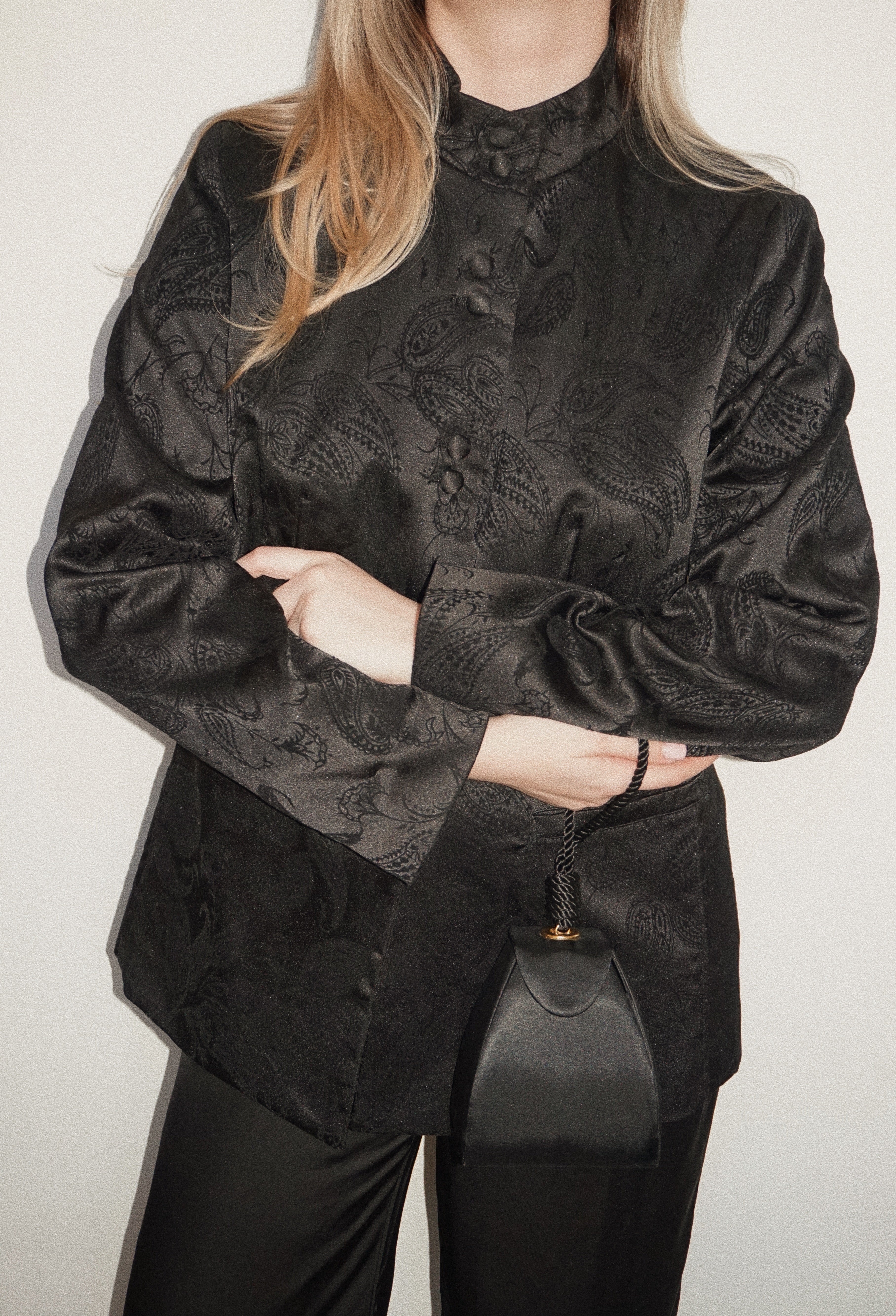 Vintage Satin-Feel Jacket with Velvet Floral Ornament