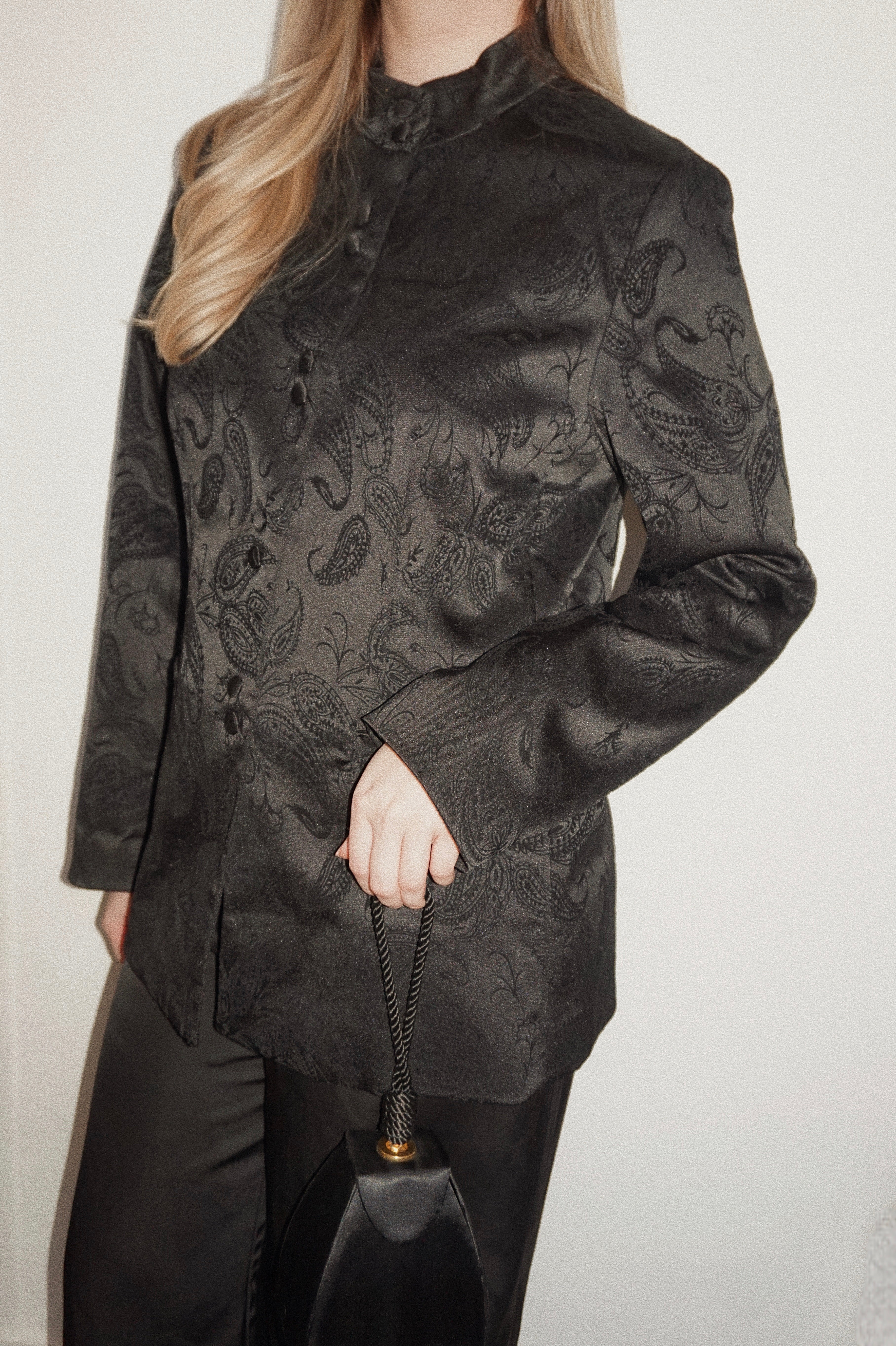 Vintage Satin-Feel Jacket with Velvet Floral Ornament