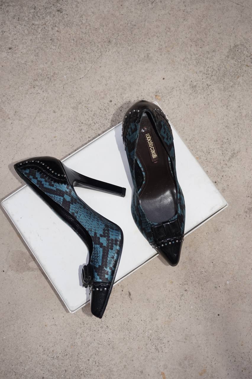 Roberto Cavalli Blue Python Print Pumps