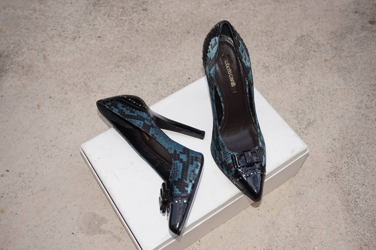 Roberto Cavalli Blue Python Print Pumps