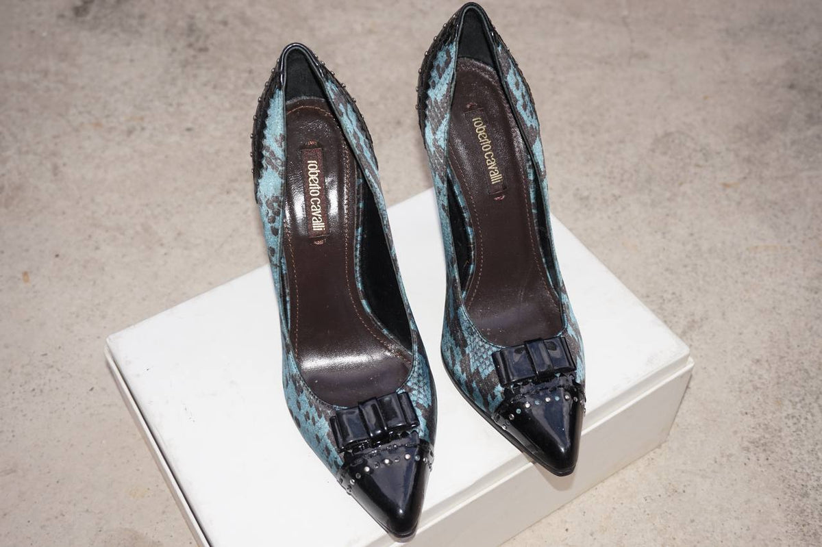 Roberto Cavalli Blue Python Print Pumps