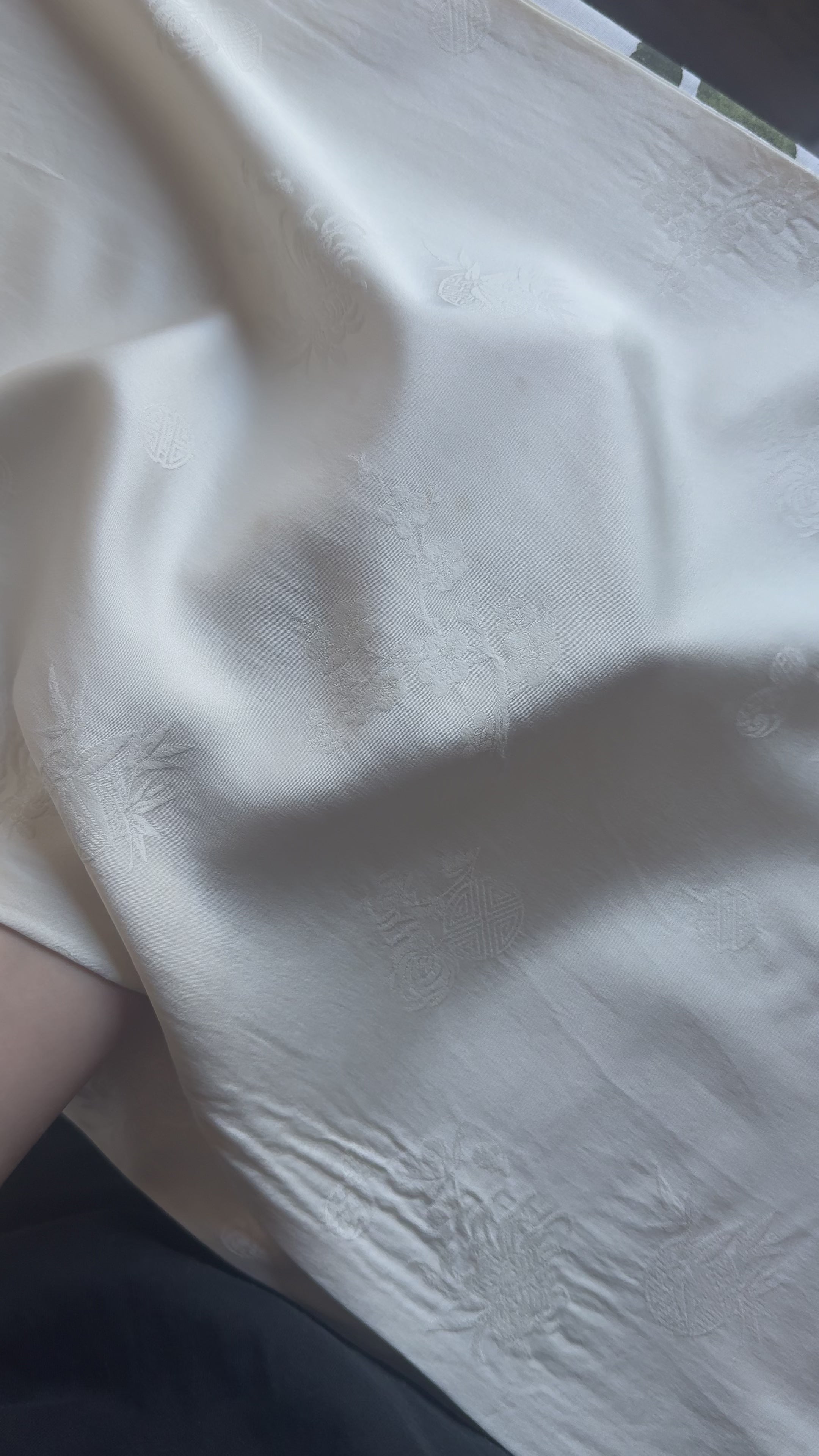 Rare White Satin Scarf with Tassels and Asian Ornament